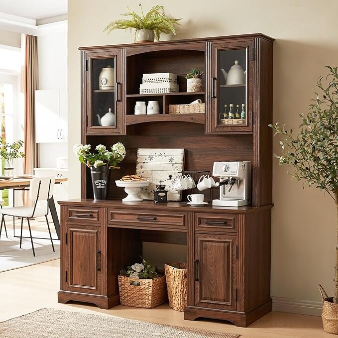 Farmhouse Computer Desk with Hutch,Office Desk with Charging